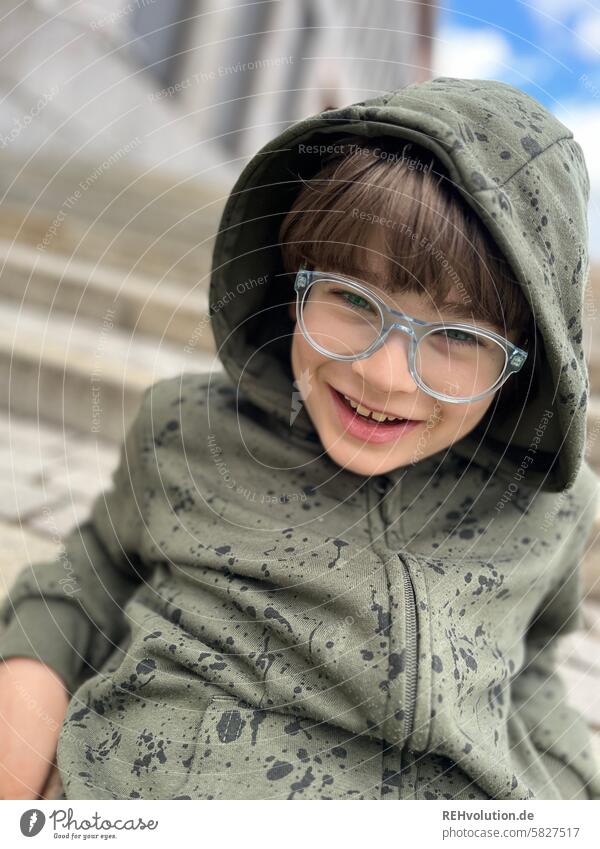 Boy laughs Child Infancy Boy (child) fortunate Looking into the camera Face portrait Happy bollocks naturally Summer Funny Close-up Exterior shot Authentic fun