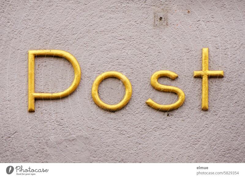 gold-colored letters - post - on a house wall Mail Post office Nostalgia Post office building Past write a letter Communicate Memory Blog Letter (Mail) Analog