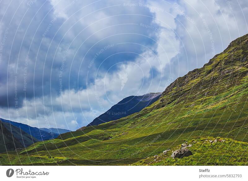 Scottish hills and clouds Scotland Hill Clouds in the sky Hilly landscape dramatic clouds Valley Storm clouds Thunder and lightning Scottish nature