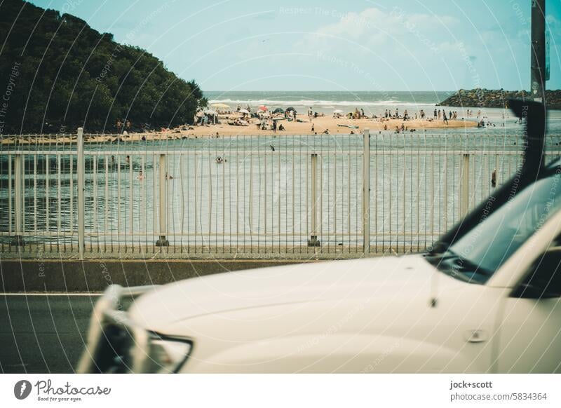 Estuary Bridge with a view of the beach Bridge railing Traffic infrastructure car Offroad vehicle Transport pass Mouth of a river Bathing beach Bathers