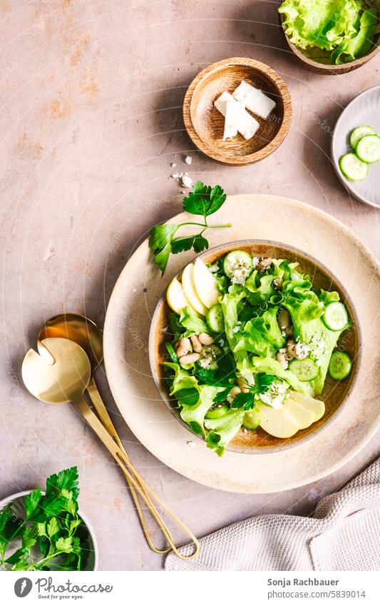 Green summer salad with feta cheese in a bowl. Top view. Lettuce Vegetable Food Salad Vegetarian diet Nutrition Healthy Fresh Organic produce Diet Delicious