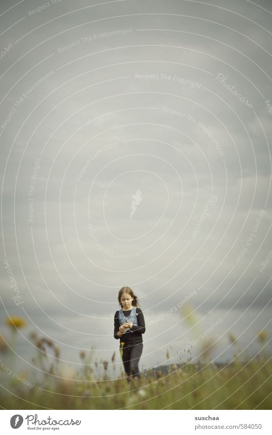 approaching child in a meadow Feminine Child girl Infancy 1 Human being 8 - 13 years Environment Nature Landscape Sky Clouds Storm clouds Summer Autumn Climate