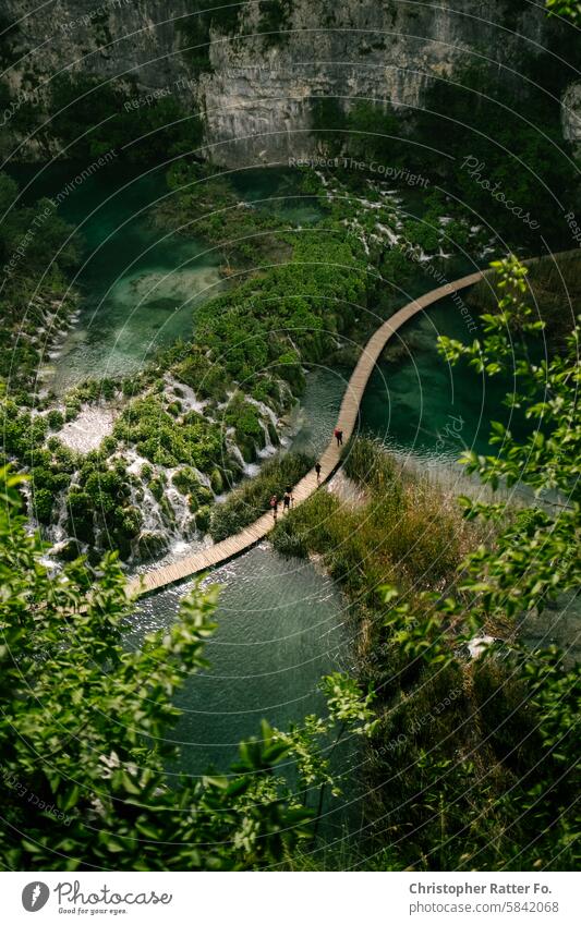 Hikers walk over a footbridge in a lake landscape Summer Beautiful weather Beauty & Beauty relaxation Leisure and hobbies Cycling Cycling tour Family time