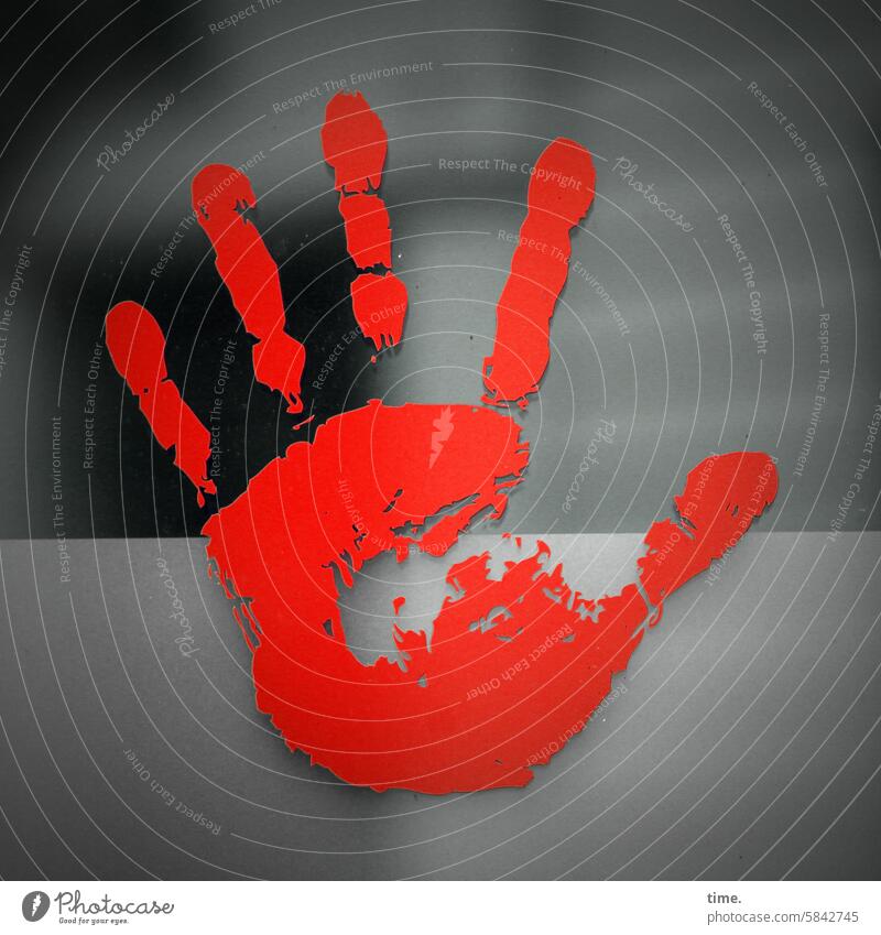 Lost Land Love IV - Finger pointing Hand Imprint Window Pane Red Gray stop Warn Palm of the hand Fingers stylized handprint Fingerprint Creativity