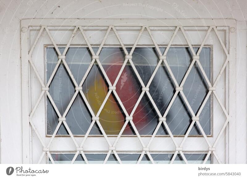 Reflection of a German flag in a barred window Germany Ensign black-red-gold blurred reflection Window latticed window grilles German Flag behind bars symbolism