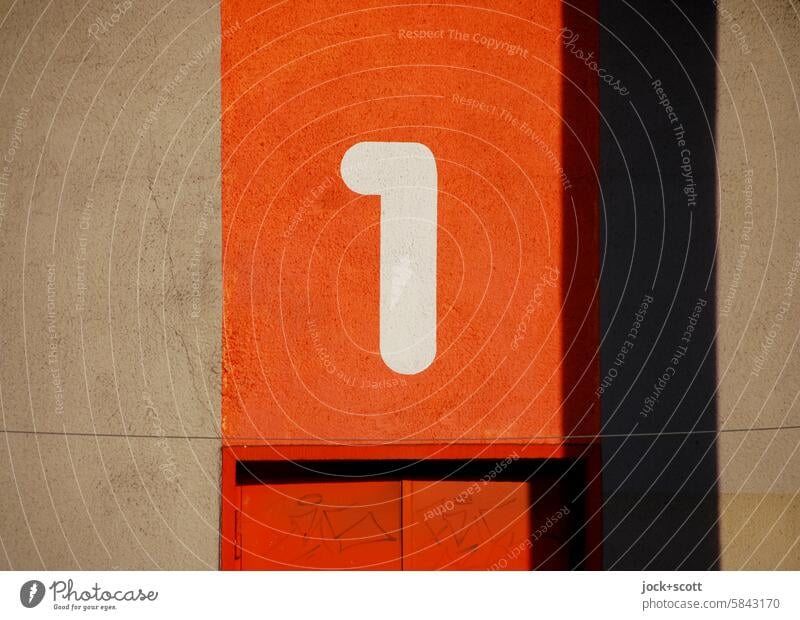 Number one. Digits and numbers Signs and labeling 70s Symmetry Design Sunlight Typography Style Authentic Retro Neutral Background Wall (building) Orange