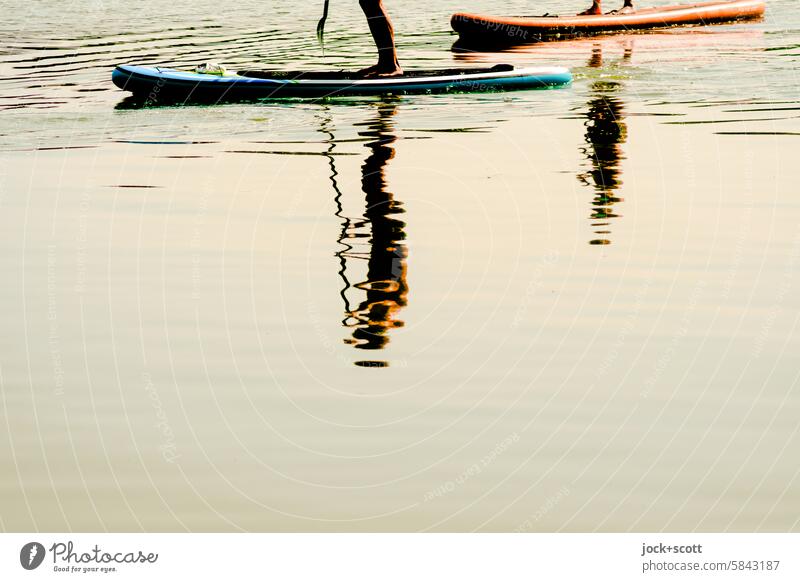 Exciting 😀 Stand-up paddling for two paddle up Silhouette Reflection Surface of water Lake Calm Water reflection Sports Summertime Neutral Background