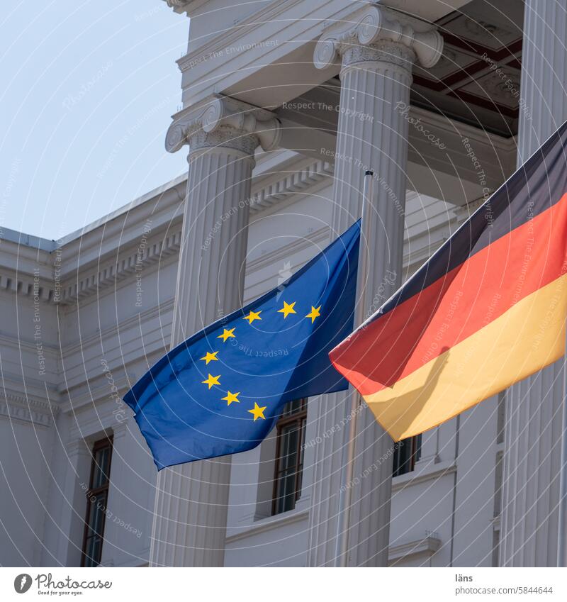 Europe and Germany l Lost Land Love IV Flags Deutschlandfunk German flag European flag Schwerin Politics and state Ensign German Flag Blow Wind Flagpole Judder