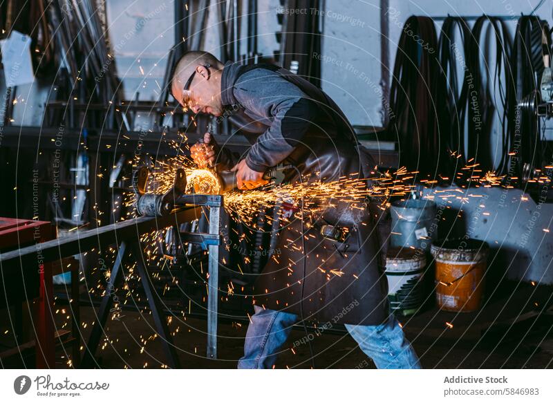 Blacksmith working with hot metal in workshop blacksmith male grinding sparks intense focus craftsmanship handwork steel iron industry safety equipment