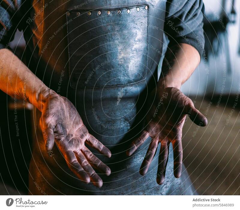 Blacksmith displaying dirty hands after hard work blacksmith apron craftsmanship close-up manual labor protective gear leather unrecognizable torso industry