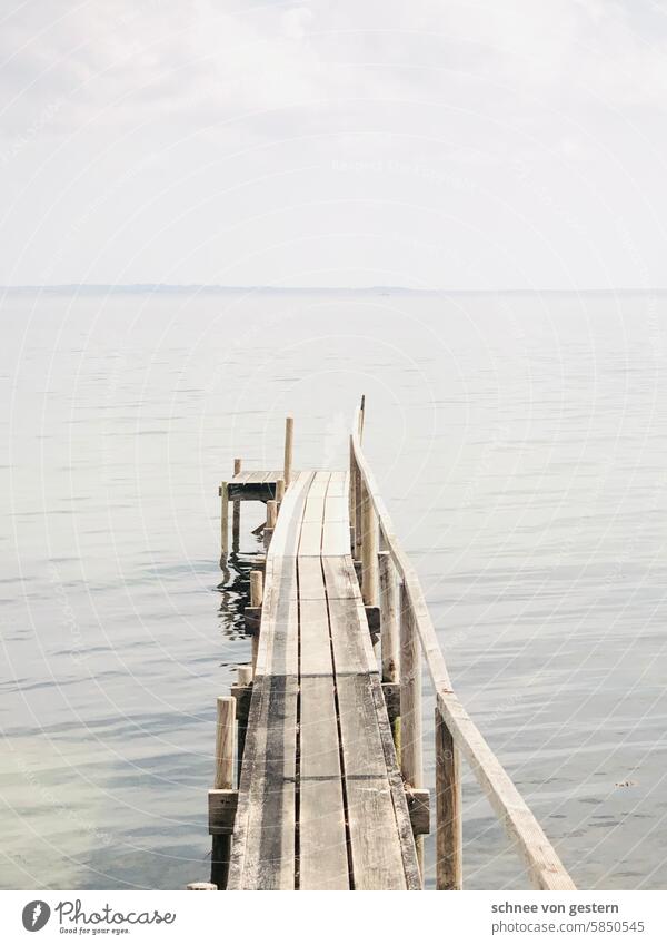 Jumping into Eisleben Beach Water Footbridge Ocean coast Vacation & Travel Horizon Wood Colour photo Sky Blue Nature Summer Relaxation Clouds Baltic Sea