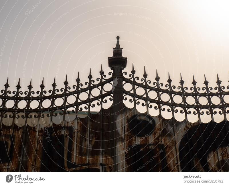 time-honored wrought iron fence Fence Wrought iron Old Decoration Wrought ironwork Historic Metalware Point rusty Structures and shapes Nostalgia Sunlight