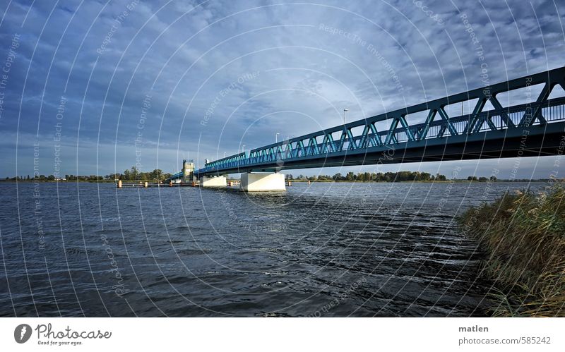 bridge building Landscape Water Sky Clouds Horizon Autumn Weather Beautiful weather Wind Tree Grass Coast Baltic Sea Deserted Bridge Traffic infrastructure Blue