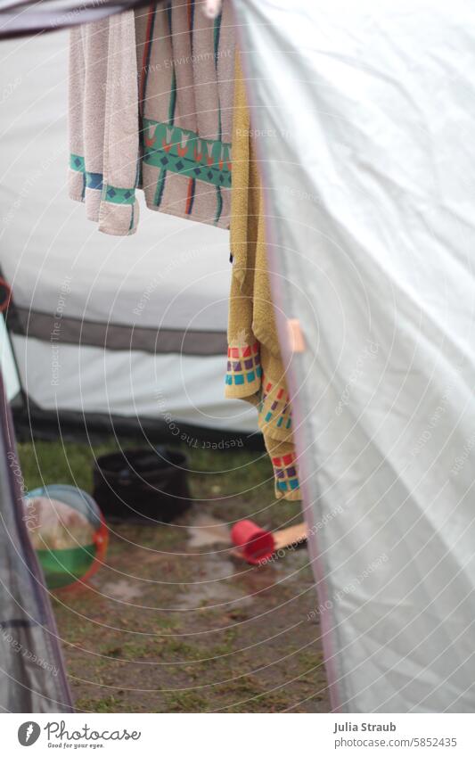 festival summer camp camping in the tent Wet Water Inundated Puddle Beach ball Towel Tent Meadow after the rain forsake sb./sth. Weather Summer festival mood