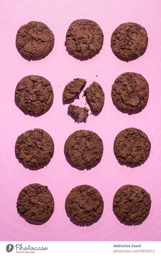 Chocolate Chip Cookies on Pink Background American Cookies Arrangement BAKING Baked Dessert Baked Sweets Broken Cookies COOKING Choc Chip Chocolate Chips