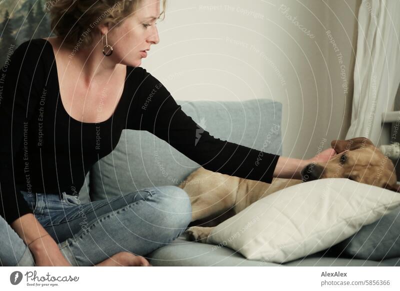 Young, slim woman in jeans sits on a light-colored couch and pets a blond Labrador, who is also lying on the couch Woman Young woman pretty Dog Love of animals