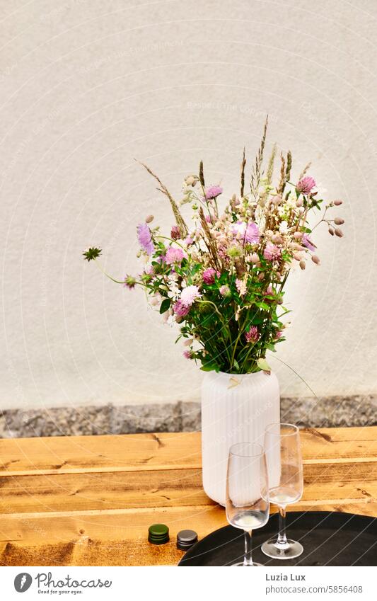 Bouquet of flowers and empty glasses flower decoration cut flower romantic variegated Decoration pretty Vase fragility Fragile Plant flora Wood Flower Blossom