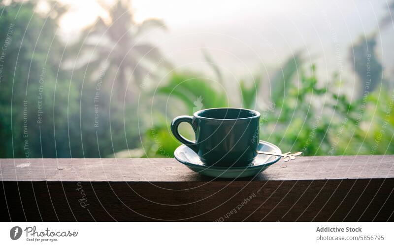 Serene morning with a cup of coffee overlooking a lush garden black wooden ledge tranquil serene green soft hazy sunlight outdoor peaceful calm breakfast drink