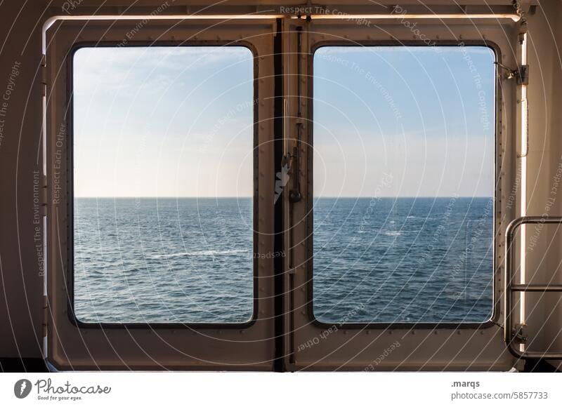 Calm sea Elements boat Maritime travel Adventure vacation Horizon Window pane voyage Navigation Water Ocean Beautiful weather Sky Trip Vacation & Travel