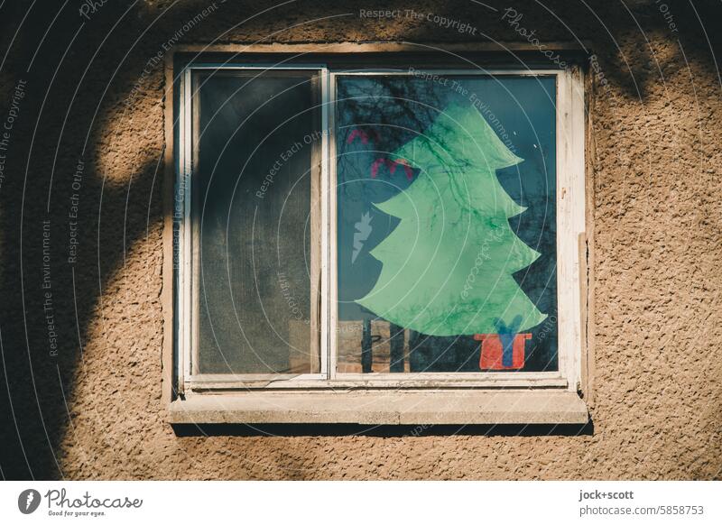 O Christmas tree in the window frame fir tree Christmas decoration Christmas & Advent Home-made Decoration Frame Shadow Symbols and metaphors Painted