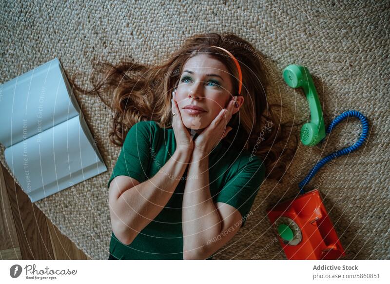 Woman lost in thought with retro phone and typewriter woman caucasian telephone vintage carpet lying down thoughtful green shirt mid-century housewife comedy