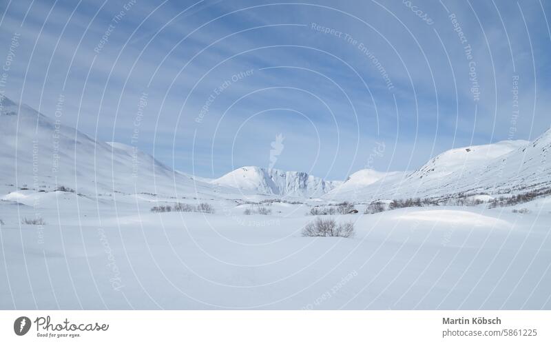 Norwegian high mountains in the snow. Mountains covered with snow. Scandinavia winter winter landscape ice cold tree frost white magic road light lantern motif