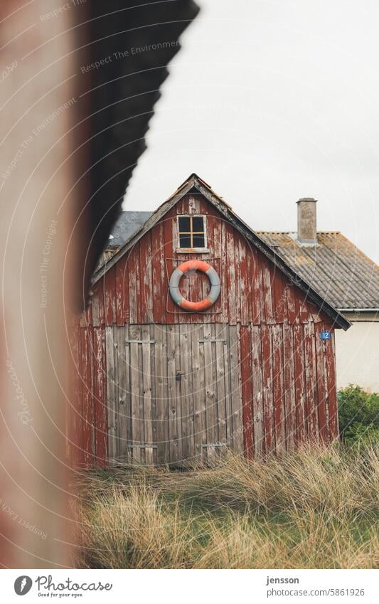 Old fisherman's hut with lifebuoy in Tyskerhavn in Hvide Sande Wooden hut wooden huts Hut Deserted Wooden house Exterior shot Wooden wall Brown Rustic Simple