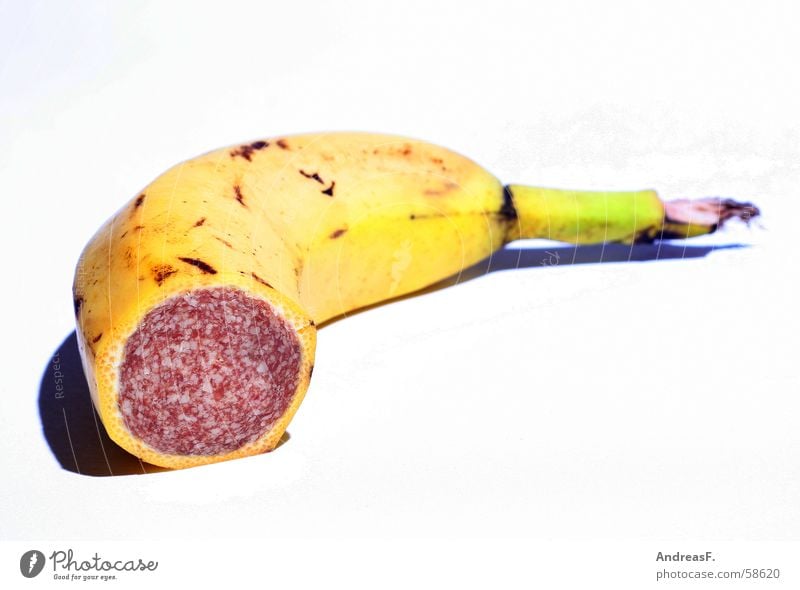 banami Tofu Trick Banana Salami Sausage Still Life Montage Yellow Meat Manipulation Genetic engineering Delicious Sense of taste Collage Nutrition