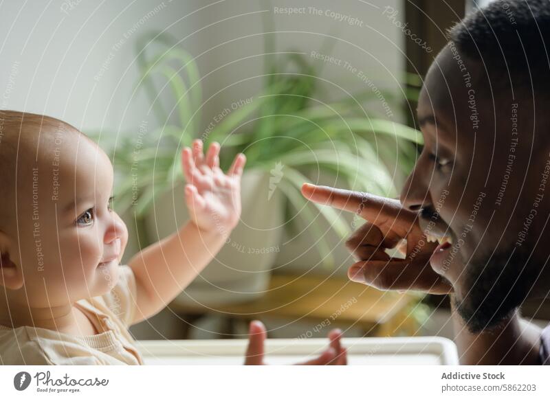 Tender moment between African American father and his baby african american smiling looking at each other tender affection family indoor paternal bonding male