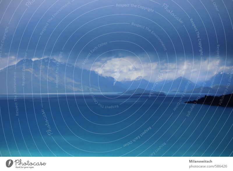 change in the weather Landscape Water Sky Clouds Storm clouds Summer Weather Thunder and lightning Mountain Lakeside Fjord Hiking Blue Horizon Idyll New Zealand