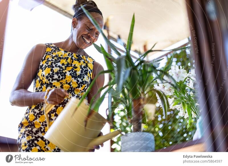 Beautiful woman watering plants on the balcony people joy black natural attractive black woman happiness happy real people mature adult daily life one person