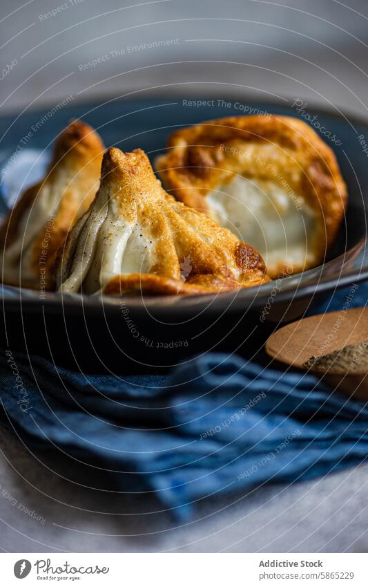 Close-up of traditional Georgian Khinkali in a bowl khinkali georgian cuisine dumpling steamy cooked filling dough close-up texture blue food culture culinary