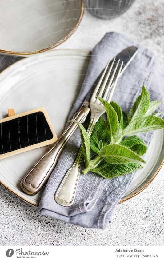 Mint-themed summer table setting with elegant tableware mint fresh leaf vintage silverware rustic name ceramic plate elegance decoration grey napkin meal dining