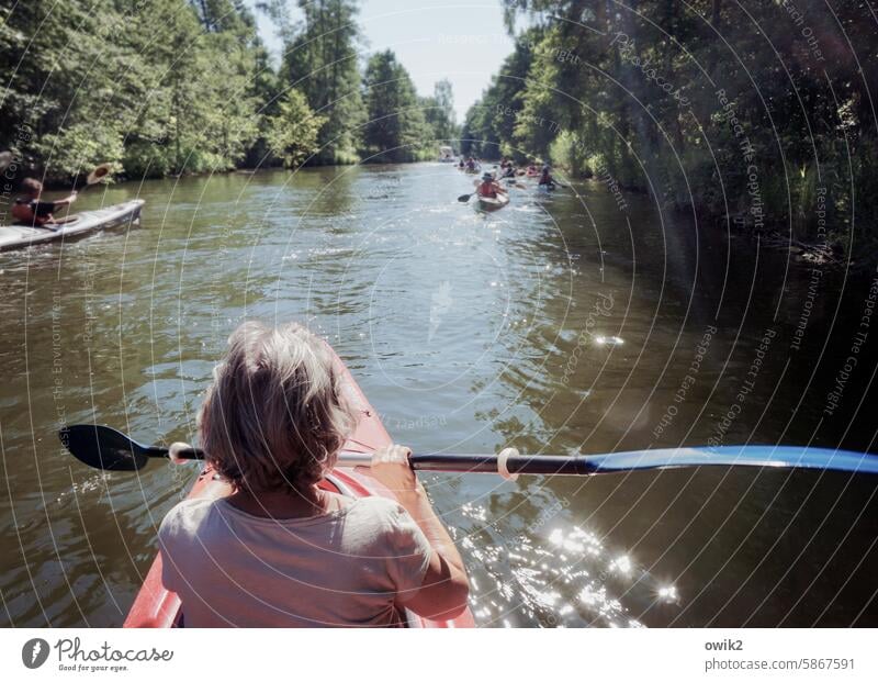 Direct mang Woman Back Back of the head Rear view Relaxation Boating trip Canoe Beautiful weather Water Paddle Environment Trip Nature Landscape