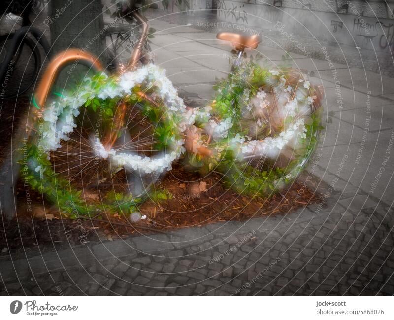 playful bike Bicycle Eye-catcher Decoration Double exposure bokeh lights Depth of field blurriness floral Sidewalk scenery Street art Reaction defocused