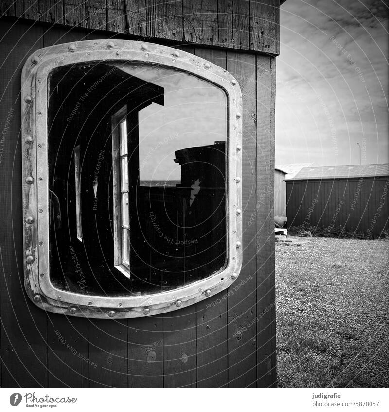 at the port Window Window pane reflection transparency Pane Reflection Hut Boathouse Wood Denmark Harbour Slice Glass coast Ocean Skagen Transparent Mysterious