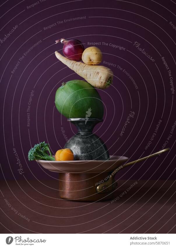 Artistic still life with fresh vegetables and vintage tableware art kitchenware composition balance purple background artistic elegant arrangement broccolini