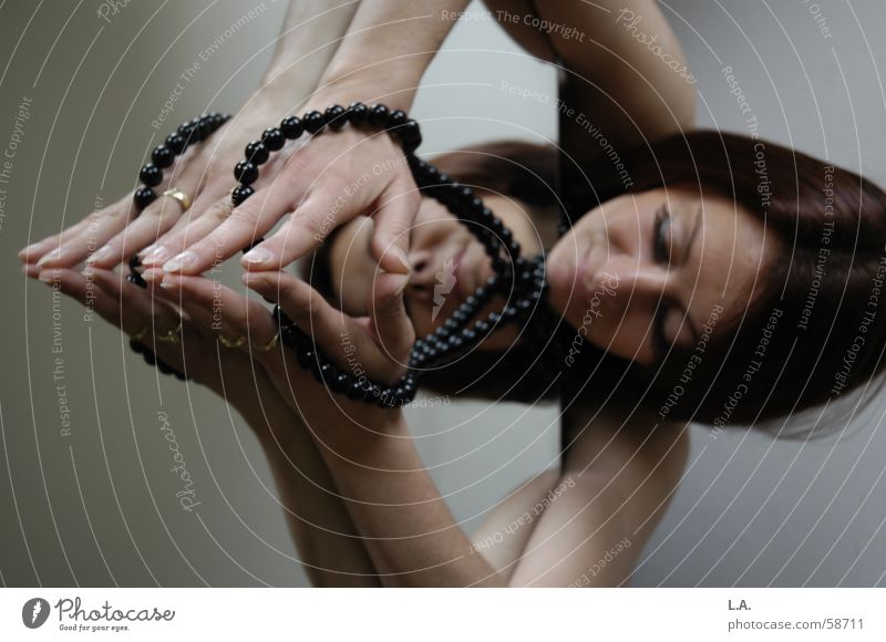 who am I Pearl necklace Reflection Woman Grief Repression Fingers Jewellery Hand Shoulder Interior shot Mirror Portrait photograph Chain Concentrate