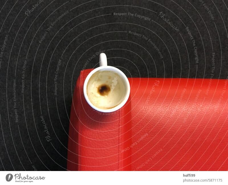 Empty espresso cup on red armrest with black background Espresso drunk Cup Café Coffee Beverage Coffee cup minimalism Coffee break Hot drink To have a coffee