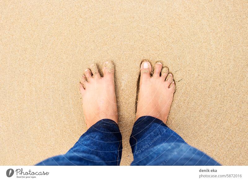 Top View of A Girl Wear Jean With Barefoot Stand on Brown Beach Sand barefoot seaside legs hawaii carefree enjoyment photography wet shore walking journey