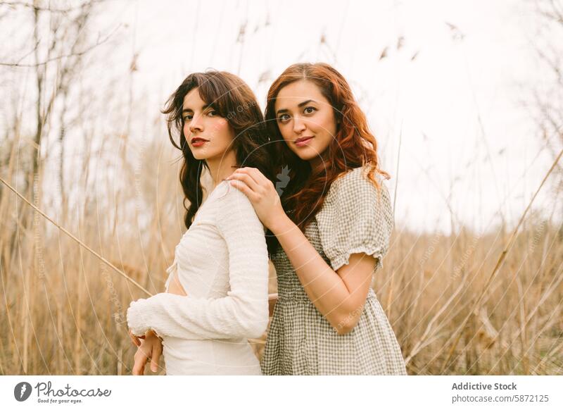 Two friends embracing in a tranquil woodland setting friendship woman woods embrace nature tranquility forest grass beauty serene female outdoor autumn