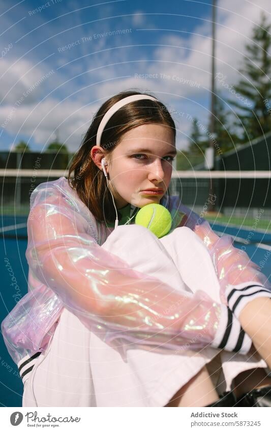 Young woman enjoying music at a tennis court young tennis ball listening headband iridescent jacket stylish sitting bright sky outdoor leisure sport