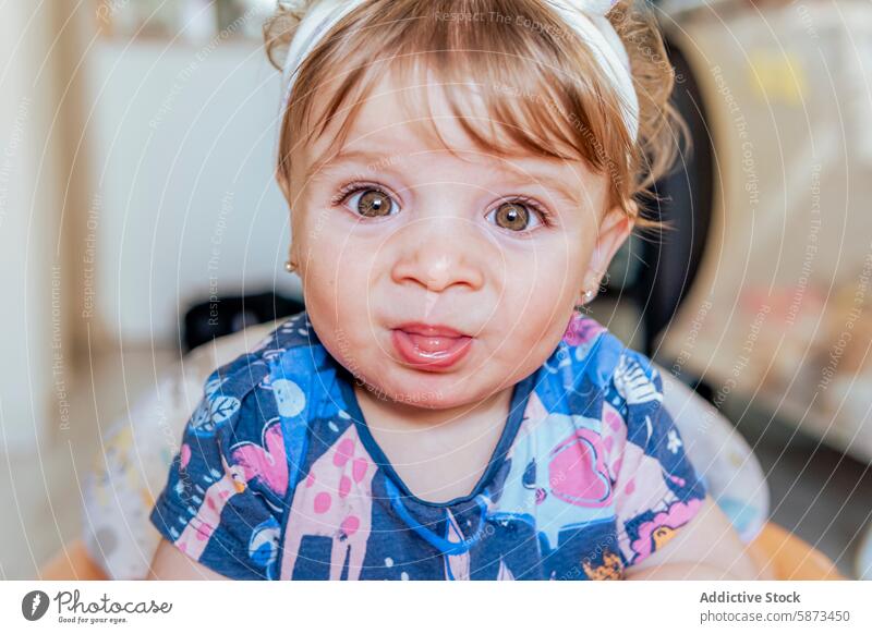 Close-up portrait of a cute baby girl at home close-up playful eyes brown expression joy childhood infant toddler adorable beautiful happy innocence casual