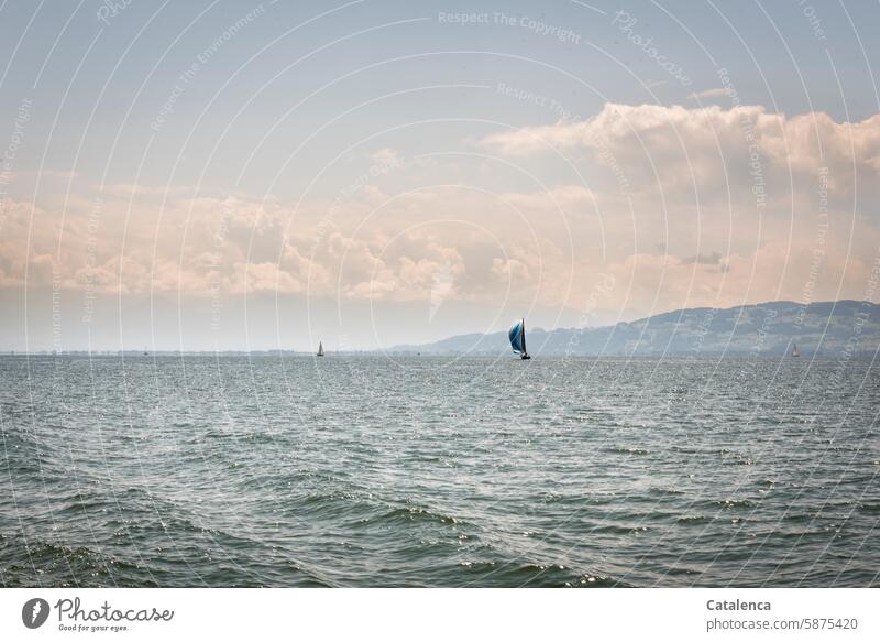 Sailboat on the horizon Sailing Water Lake Horizon mountains Sky Clouds Weather Vacation & Travel Summer Wind Navigation Yacht Freedom Aquatics Watercraft