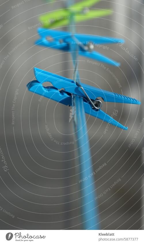 Blue and green clothespins on a blue washing line - close-up clothesline Wash clips Close-up Green green bracket Housekeeping Suspended staples Clothes peg