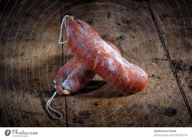 Traditional cured sausages on rustic wooden background sobrasada raw pork paprika spice balearic traditional table aged gourmet delicatessen spanish cuisine