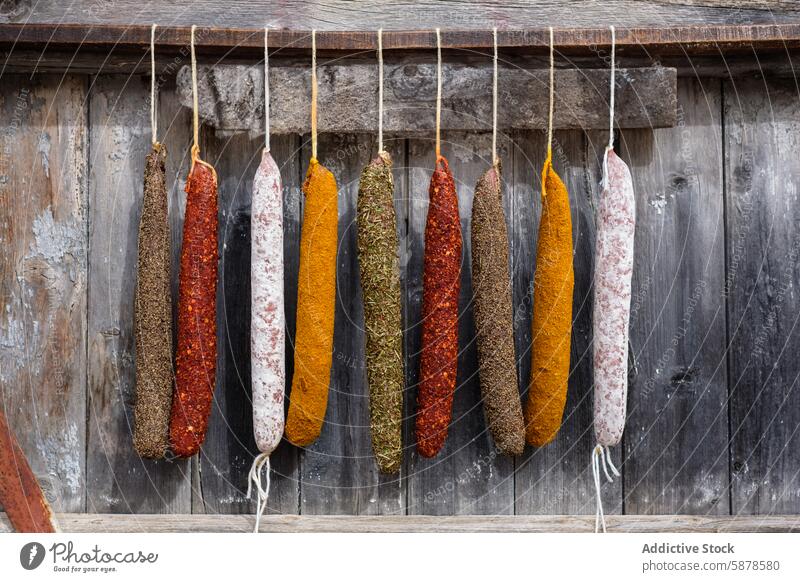 Variety of colorful cured sausages hanging against wooden backdrop background sobrasada vibrant spicy meat pork food delicacy traditional culinary rustic