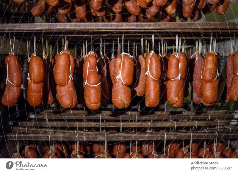 Cured sobrasada sausages hanging in traditional drying room cured meat balearic islands string dim light texture pork paprika spice raw food delicacy production