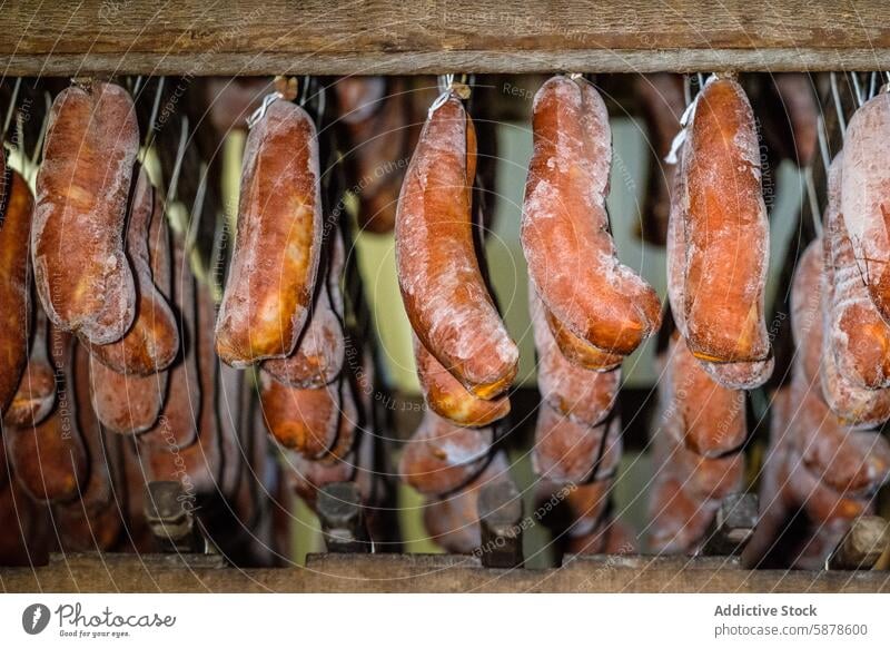 Variety of cured meats including Sobrasada hanging at a market sobrasada sausage raw pork paprika spice food delicacy traditional salt seasoning gourmet sale