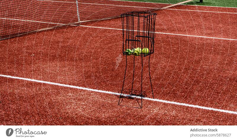 Empty tennis court with ball cart and vivid red surface clay empty sport net tennis ball equipment outdoor match game detail ready play leisure activity line